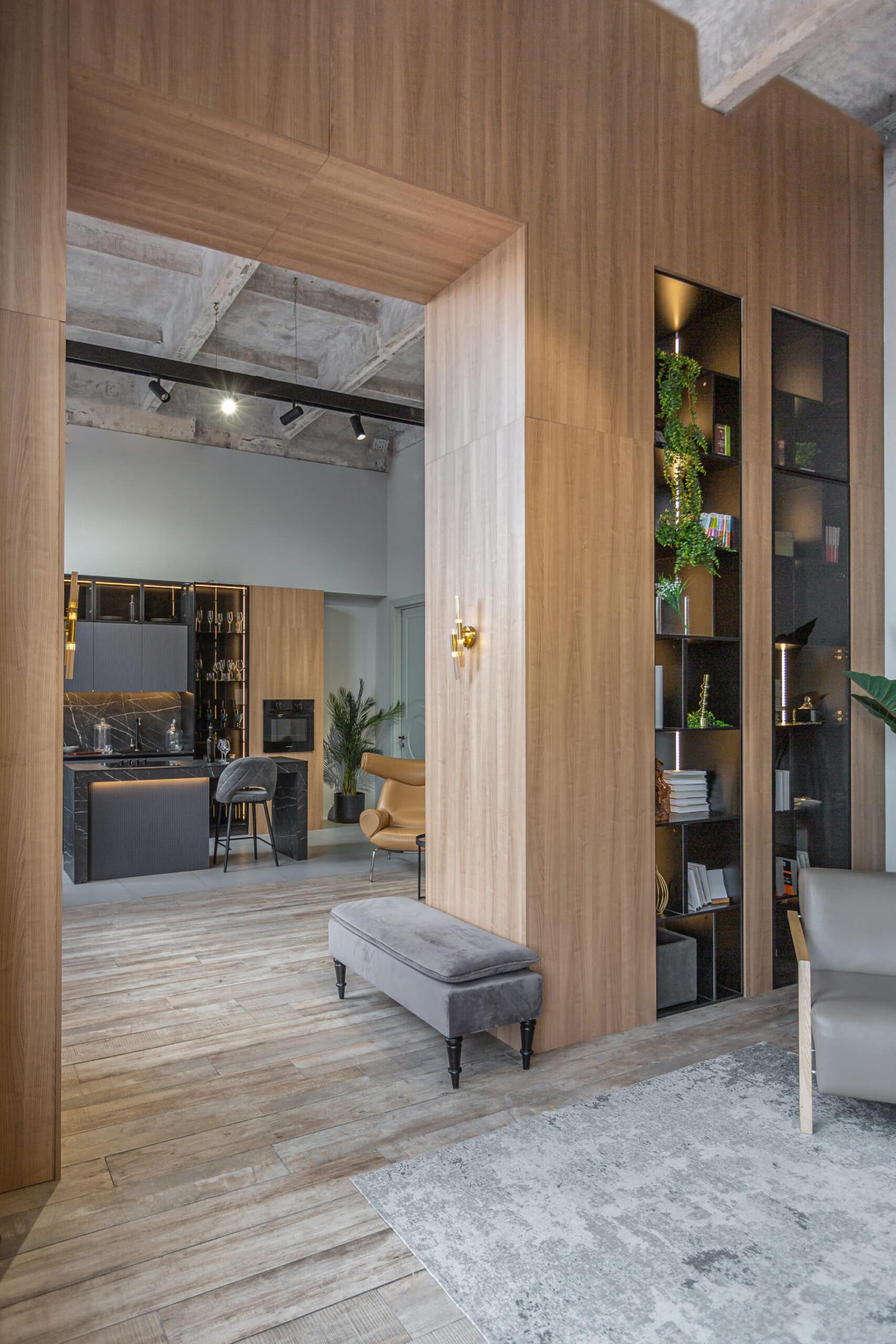 huge modern spacious apartment with high ceilings, panoramic windows with fantastic view, wooden decor, kitchen area, separate shower in greenery and dressing room