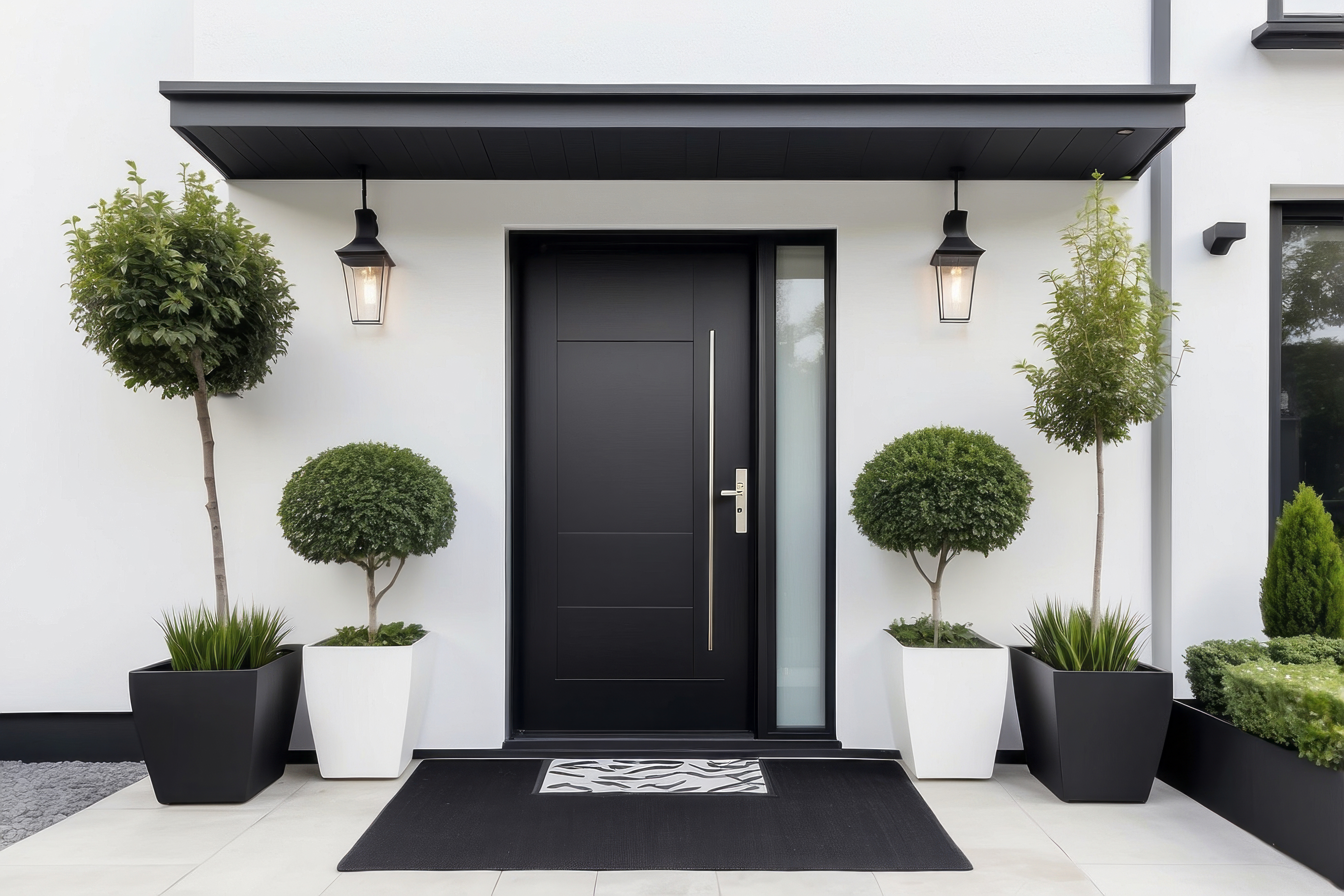 modern-black-front-door-with-potted-plants-lanterns
