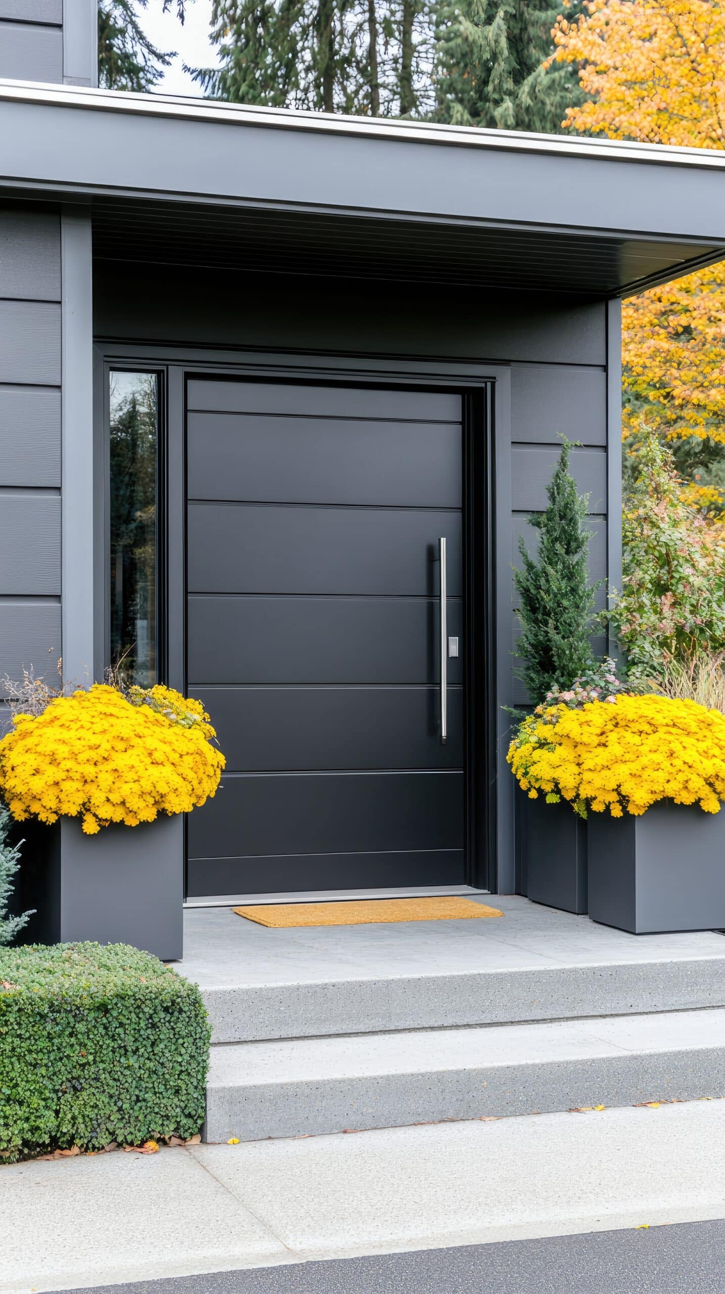 A stunning modern home entrance features sleek grey stone walls, a black garage door, and wooden stairs adorned with yellow flower pots on either side.